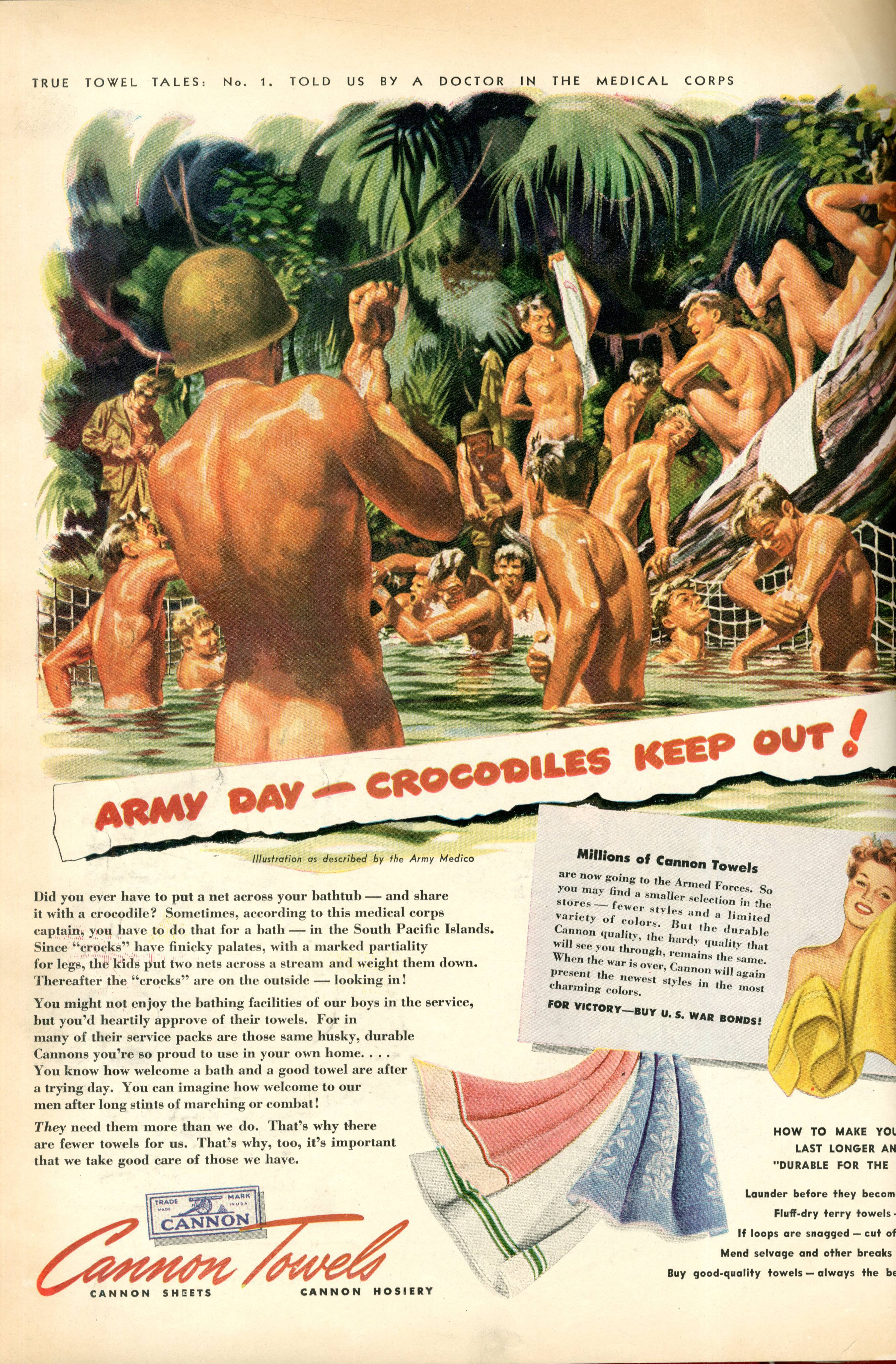 Cannon Towels advertisement; Army day - crocodiles keep out