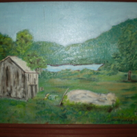 Green pasture, brown barn, and pond [Squantz Farm]