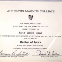 Ruth Haas&#039; Albertus Magnus Degree Doctor of Laws